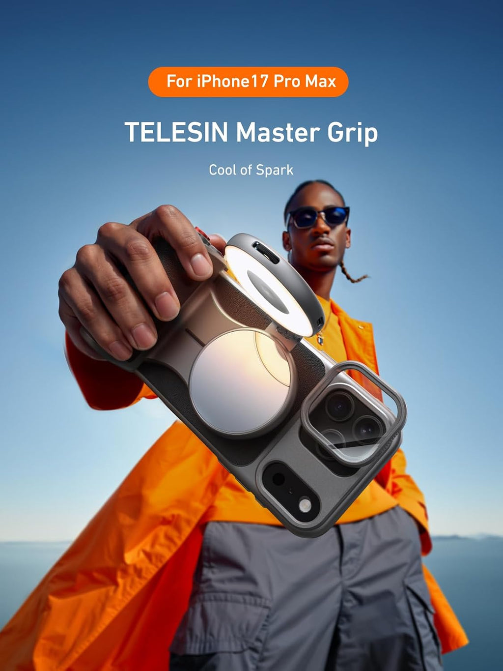 TELESIN Master Grip Universal for iPhone/MagSafe, Magnetic Phone Camera Grip with C03 Selfie Light Creator Kit Built 3200mAh Battery Wireless Charging -【Graphene Case Only for iPhone 17 Pro Max】