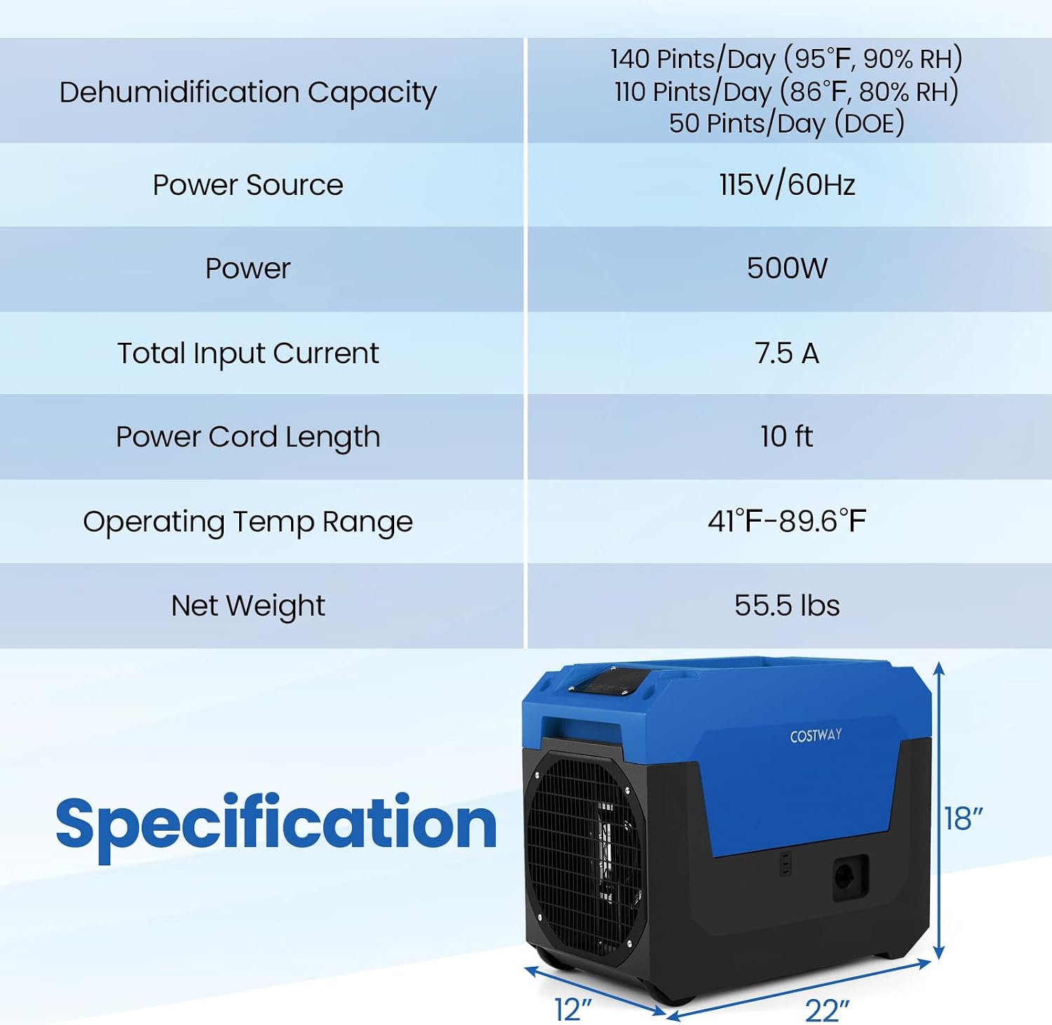 COSTWAY 140 Pints Commercial Dehumidifier with Pump, Portable Industrial Dehumidifier with Drain Hose for Basements, Job Sites, Water Damage Restoration (Blue)