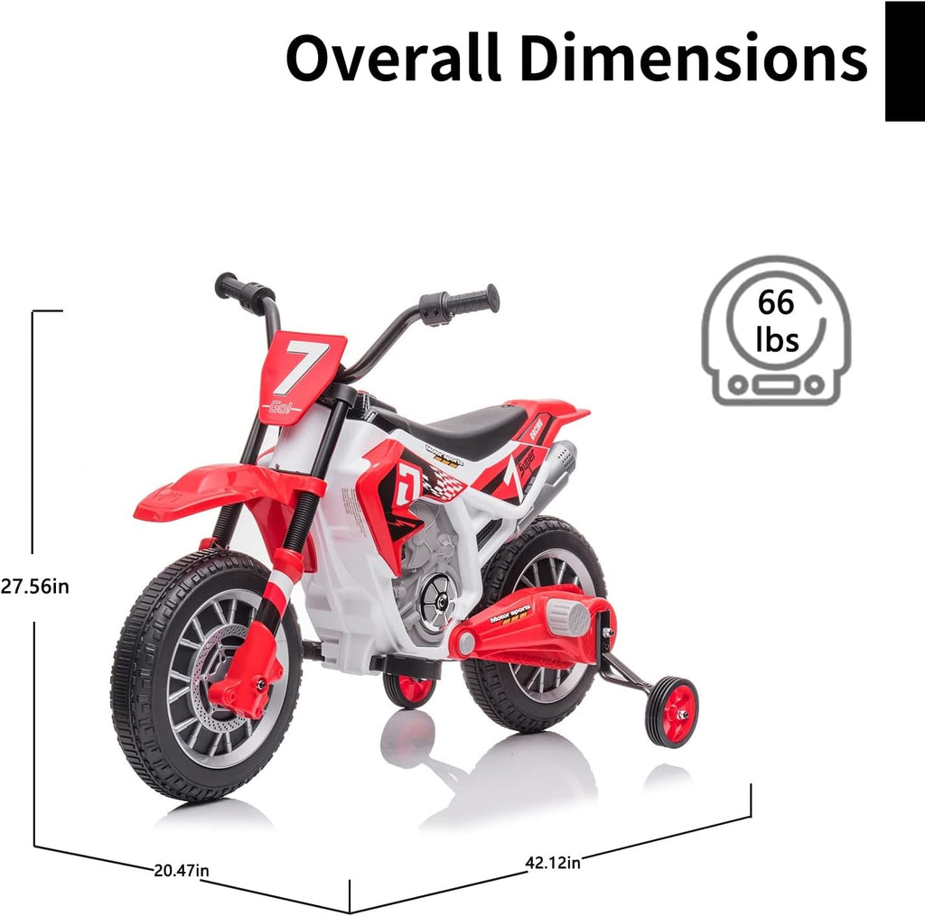 12V Electric Ride On Motorcycle for Kids Battery Powered Electric Dirt Bike Birthday Presents for Kids with Training Wheels 2 Speeds Music Player Shock Absorber, Red