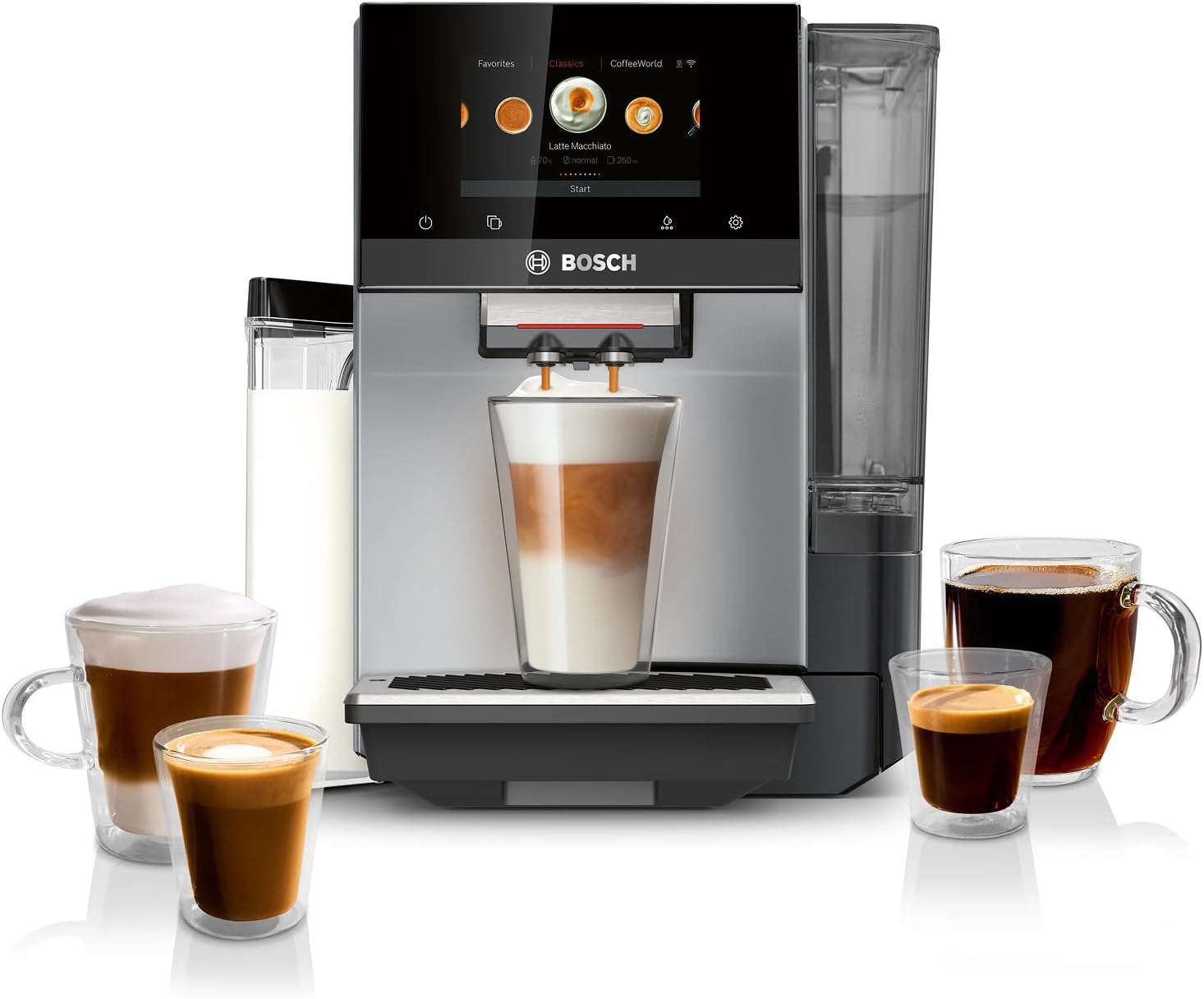 Bosch Fully Automatic Coffee and Espresso Machine - 36 Drinks, Double Cup Barista Style Super Coffee Maker - Touchscreen, Large Bean Capacity - Easy Clean, Maintenance - Silver - TQU60307