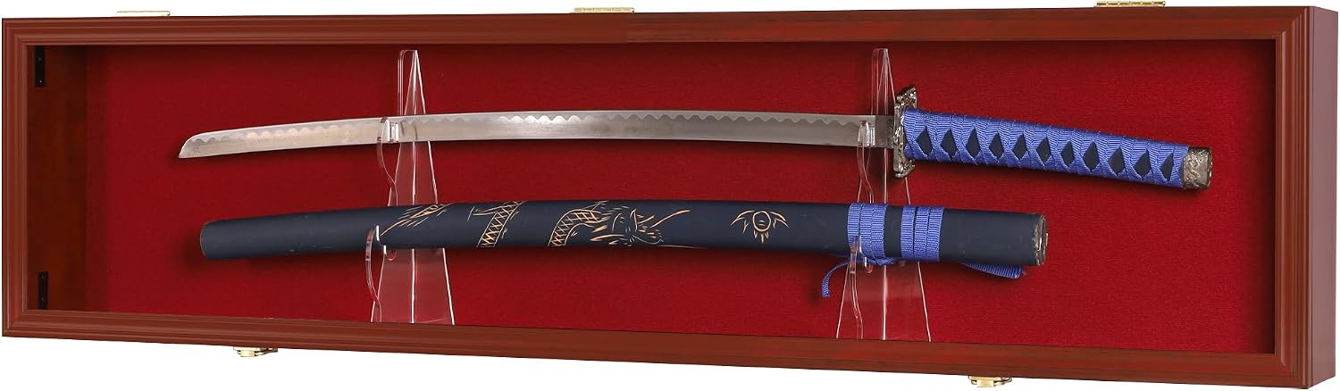 Sword Saber Display Case Cabinet Stand Holder Lightsaber Shadow Box Wall Mount Lockable with 98% UV Protection Red Color Felt (Mahogany Finish)
