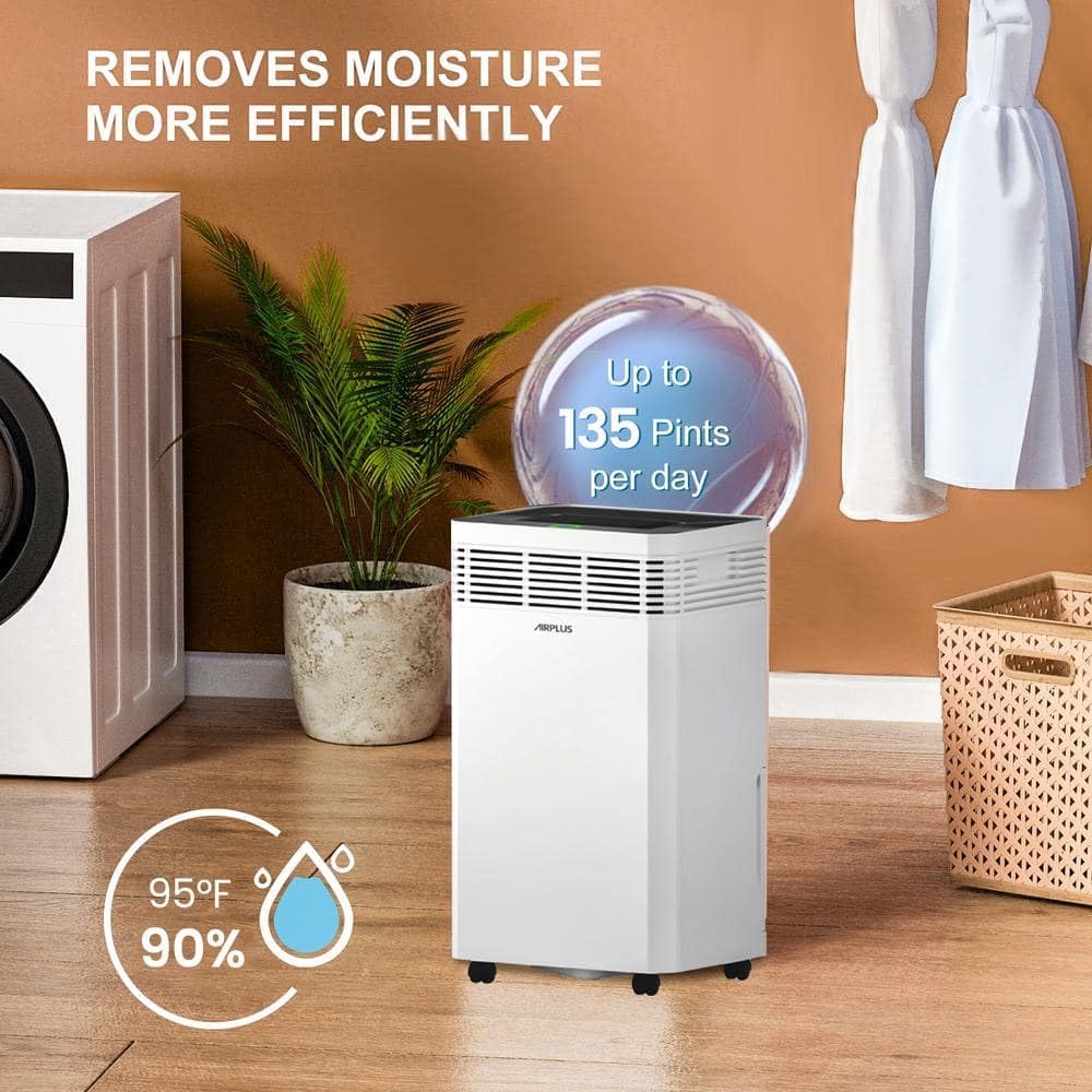 AIRPLUS 6000 Sq. Ft Dehumidifiers for Home, 135 Pints Dehumidifier for Basement with Drain Hose, Continuous Drainage, Intelligent Humidistat, Dehumidifier for bathroom, bedroom, Large Room