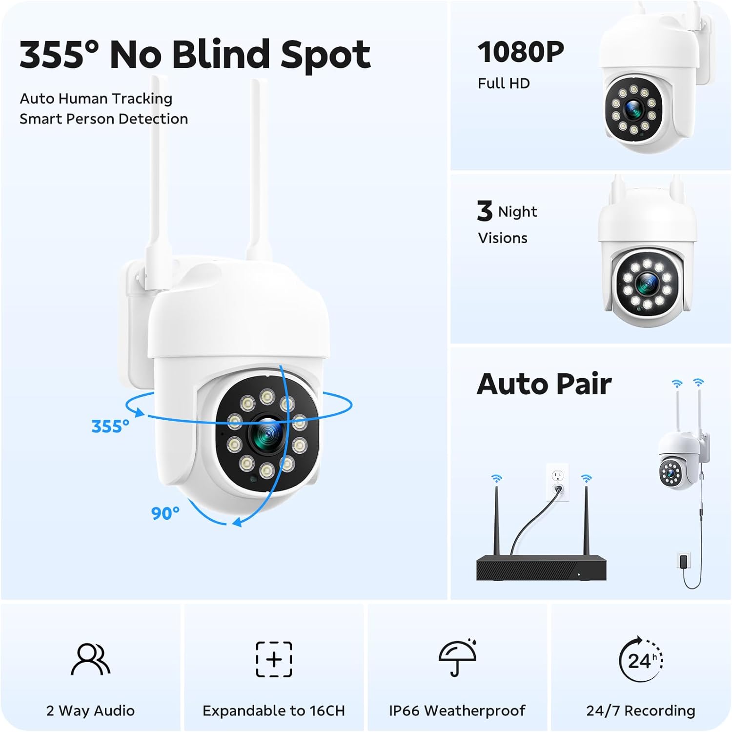 Wireless Security Camera System, CAMCAMP 24/7 Recording Security Cameras Wireless Outdoor 16CH NVR PTZ View 2.4G& 5G WiFi Auto Human Tracking Smart Color Night Vision for Home CCTV Surveillance Kit(8)