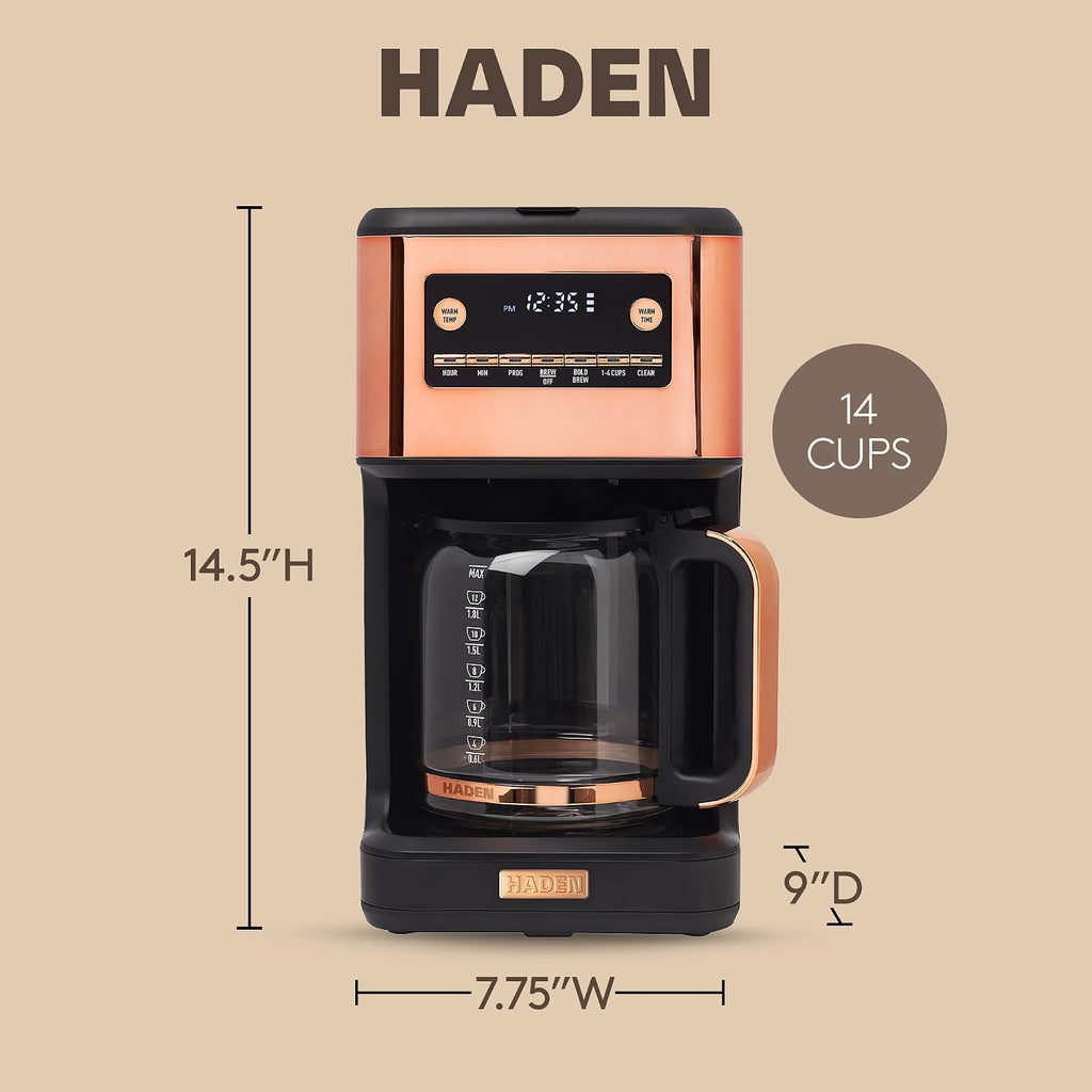 HADEN Generous Brew 14 Cup Coffee Maker with 120 Minute Keep Warm, Delay Brew, Adjustable Strength, Programmable Clock, and Anti Drip, Black/Copper