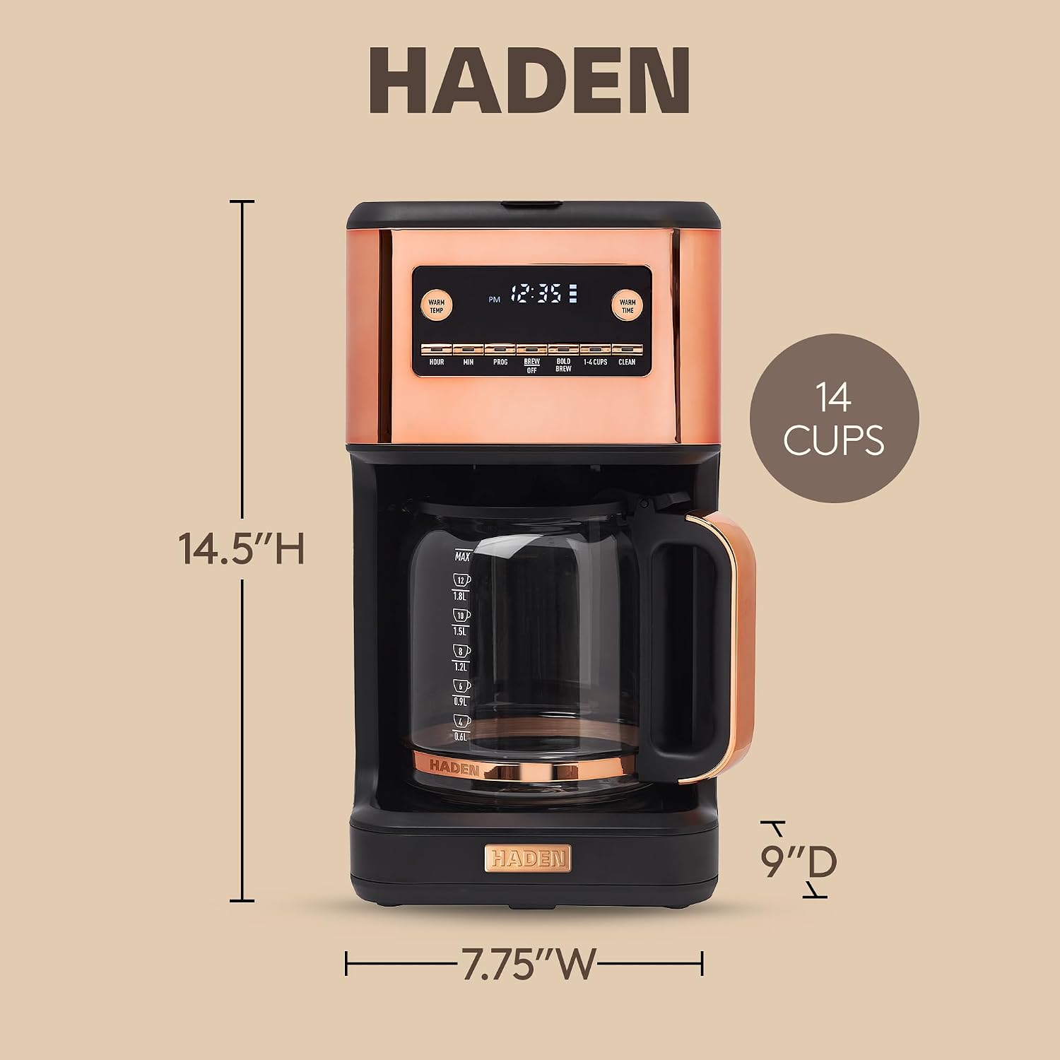 HADEN Generous Brew 14 Cup Coffee Maker with 120 Minute Keep Warm, Delay Brew, Adjustable Strength, Programmable Clock, and Anti Drip, Black/Copper