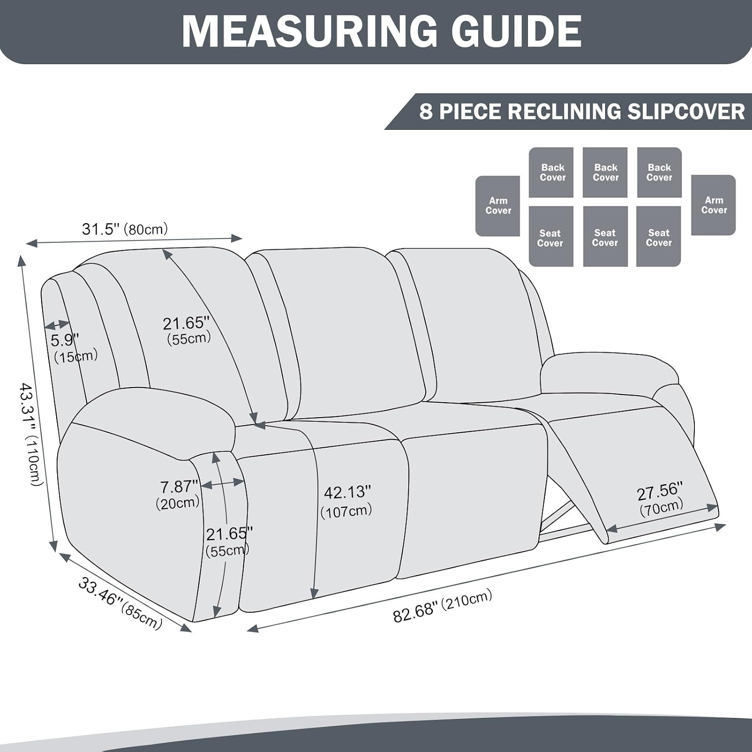 vctops 8 Pieces Waterproof Faux PU Leather Recliner Sofa Covers Stretch Soft 3 Seats Couch Cover Anti-Slip Sofa Slipcover Furniture Protector with Elastic Bottom for Kids Pet(Grey,3 Seat)