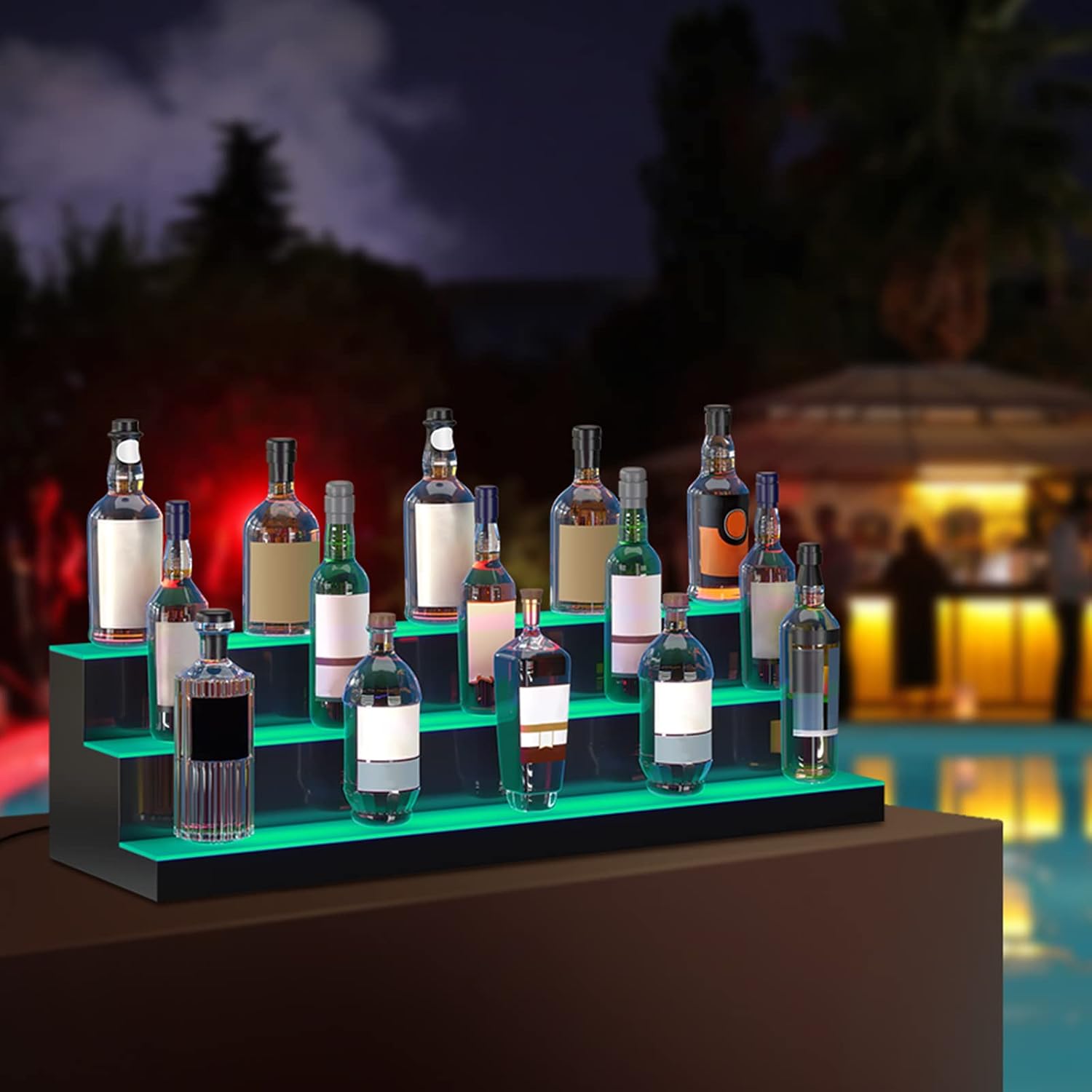 VEVOR LED Lighted Liquor Bottle Display, 3 Tiers 40 Inches, Supports USB, Illuminated Home Bar Shelf with RF Remote & App Control 7 Static Colors 1-4 H Timing, Acrylic Lighted Shelf for 30 Bottles