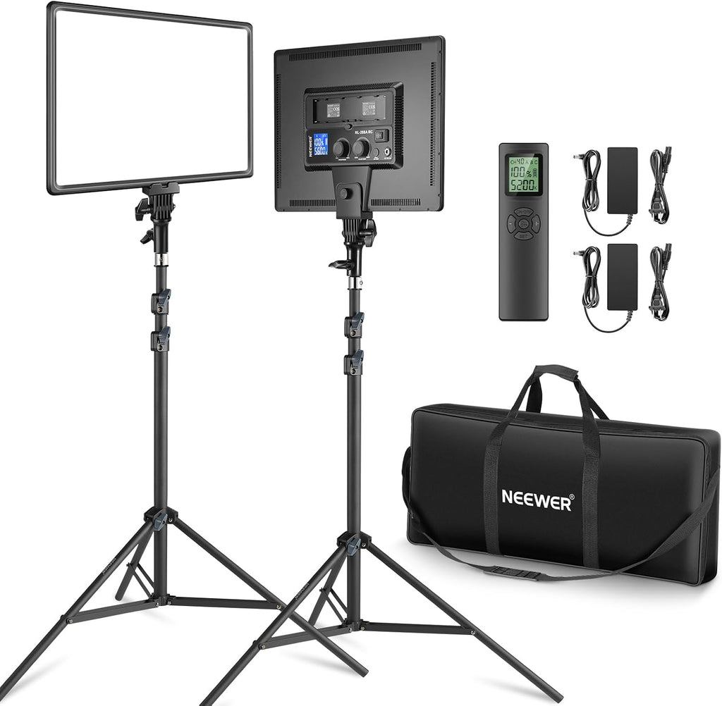 Neewer 18' Led Video Light Panel Key Lighting Kit with Remote, 2-Pack 45W Dimmable Bi Color + Tripod Stand, 3200K–5600K Soft Light CRI 97+ 4800Lux for Game Live Streaming Studio Photography Recording