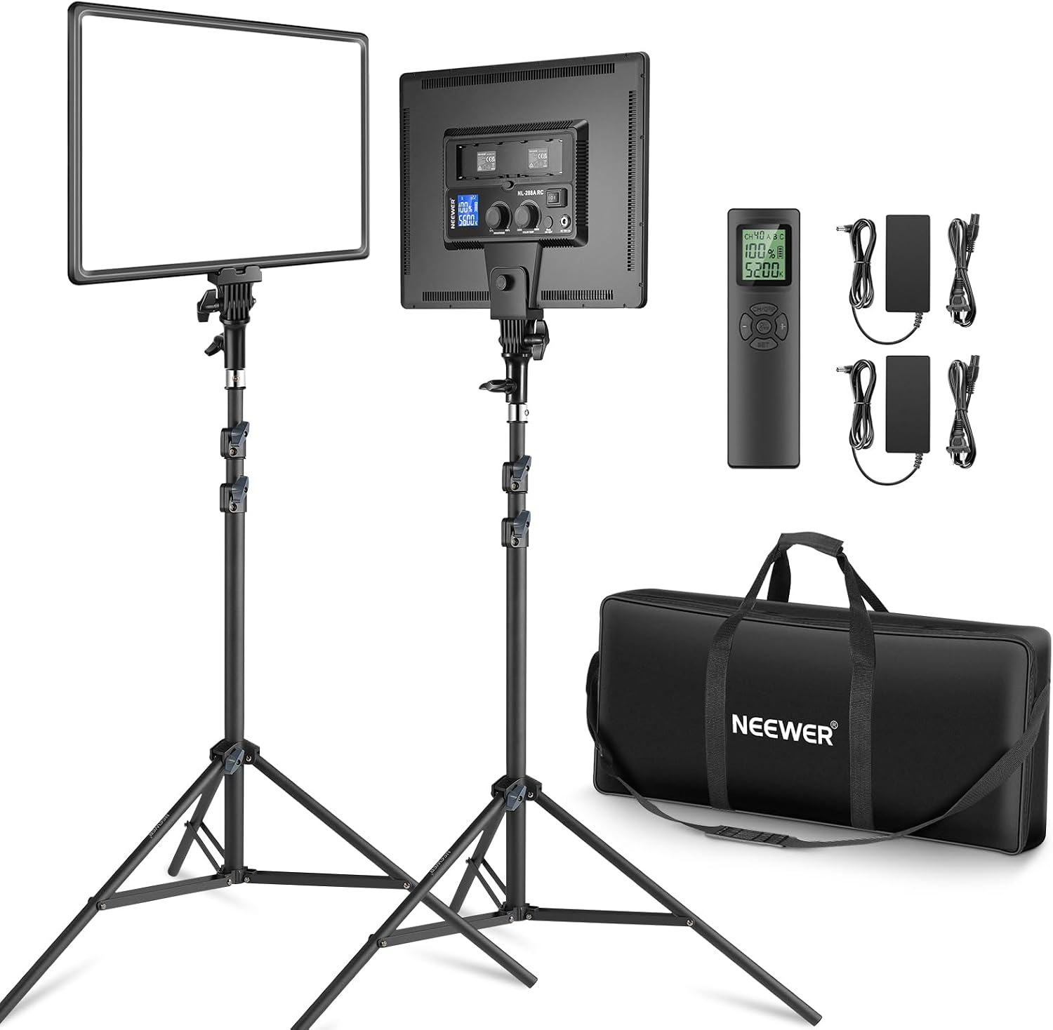 Neewer 18' Led Video Light Panel Key Lighting Kit with Remote, 2-Pack 45W Dimmable Bi Color + Tripod Stand, 3200K–5600K Soft Light CRI 97+ 4800Lux for Game Live Streaming Studio Photography Recording