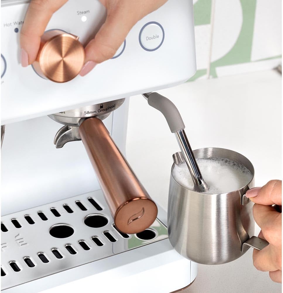 Café Bellissimo Semi Automatic Espresso Machine with Grinder & Milk Frother | Copper Accents | WiFi App Control | Large 95oz Tank | Matte White