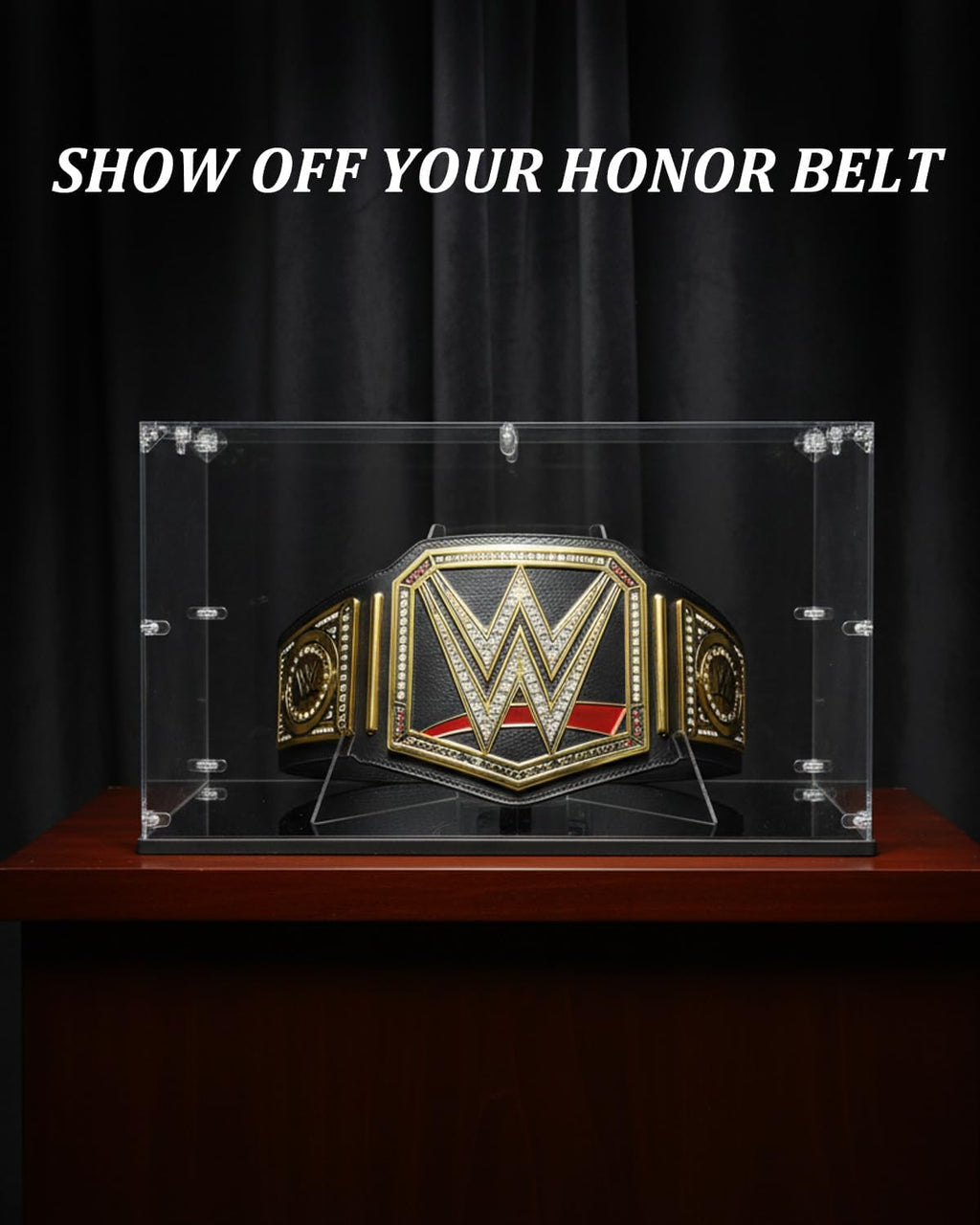 Acrylic Championship Belt Display Case – 3mm Clear Acrylic with Built-in Wrestling Belt Stand, Large 21.8' x 15.9' x 13.2' Showcase Box, Durable Corner-Connector Design – Fits Most Championship Belts
