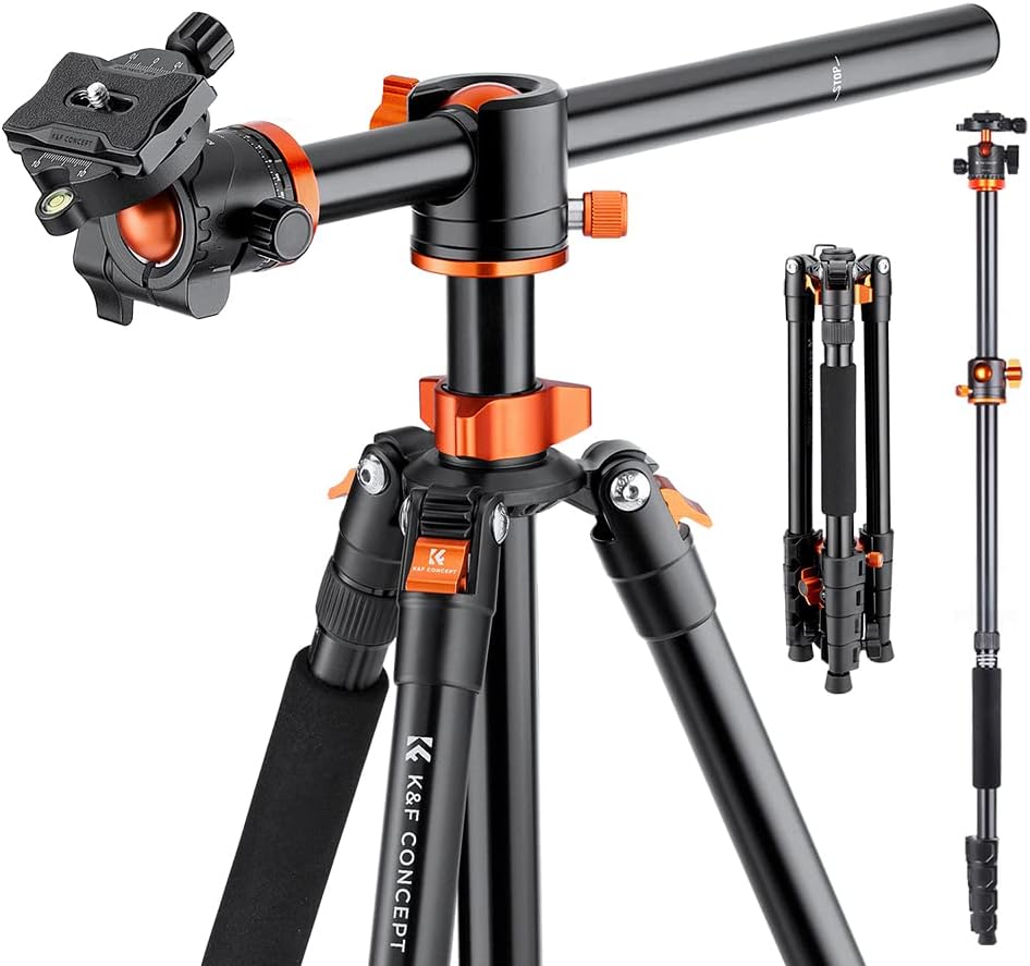 K&F CONCEPT 73 inch /186cm Camera Tripod,Transverse Center Column Aluminium DSLR Tripod with 360 Degree Ball Head 10kg Load Capacity,Quick Release Plate,Detachable Monopod T255A3+BH-28L