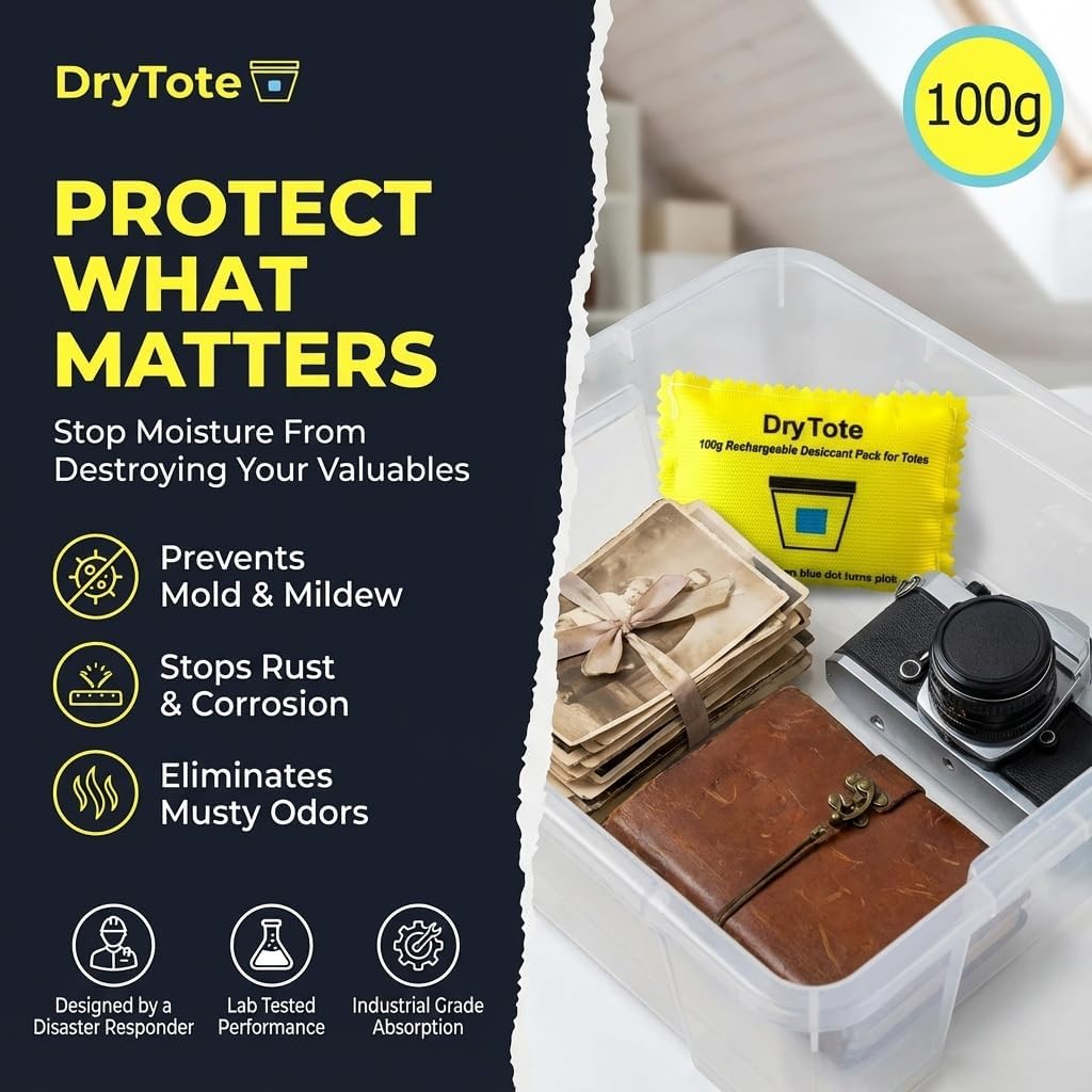 DryTote Rechargeable Desiccant Pack (Pack of 25), Ultimate Moisture Absorption, Color Change Indicator, Safe Storage Protection, Large Capacity 200 Gallons, 100g, Yellow