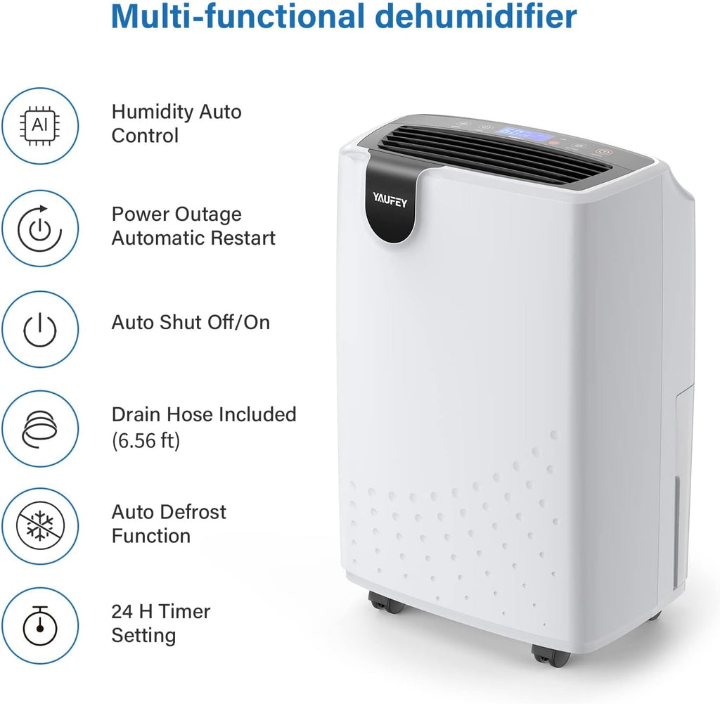 Yaufey 2500 Sq. Ft Dehumidifier for Home and Basements with Auto or Manual Drainage, 0.48 Gallon Water Tank Capacity -Low Noise and 24 Hr Timer