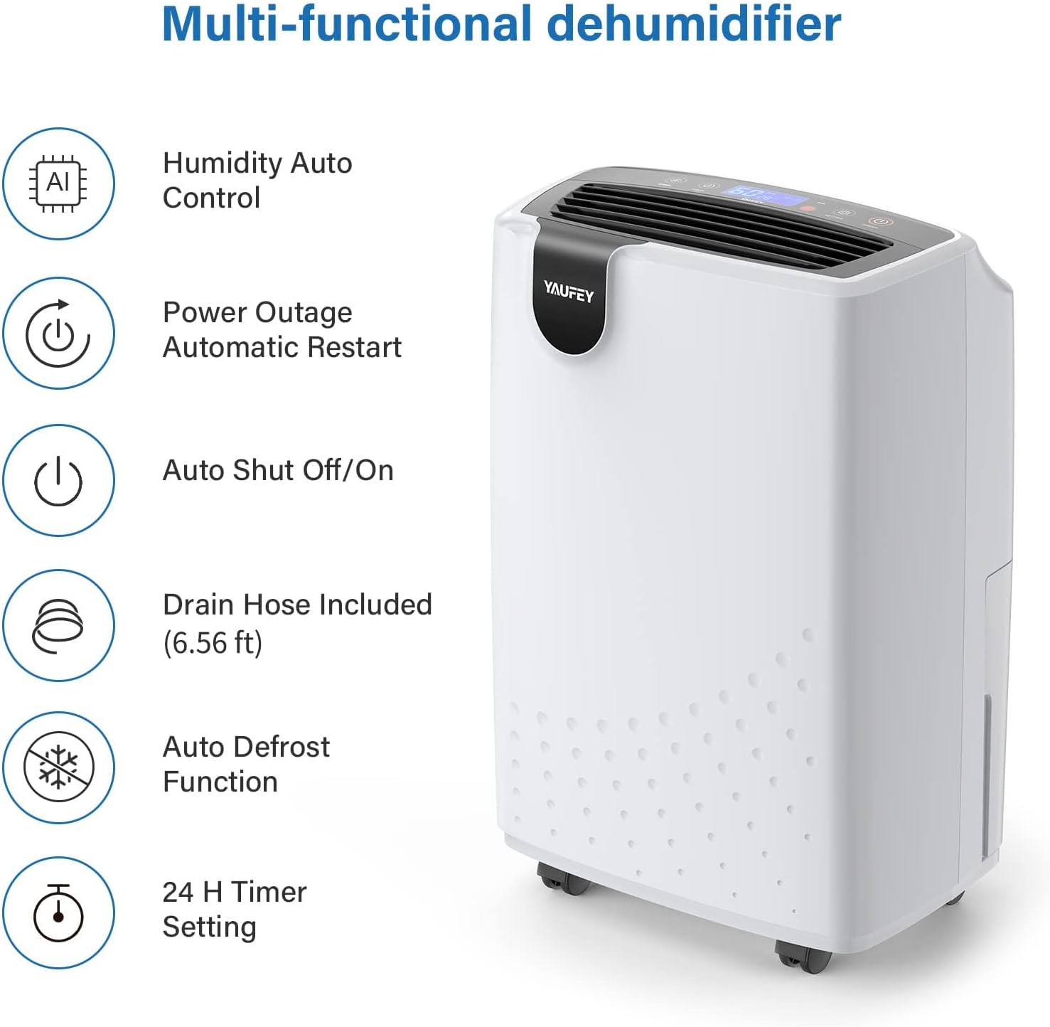 Yaufey 2500 Sq. Ft Dehumidifier for Home and Basements with Auto or Manual Drainage, 0.48 Gallon Water Tank Capacity -Low Noise and 24 Hr Timer