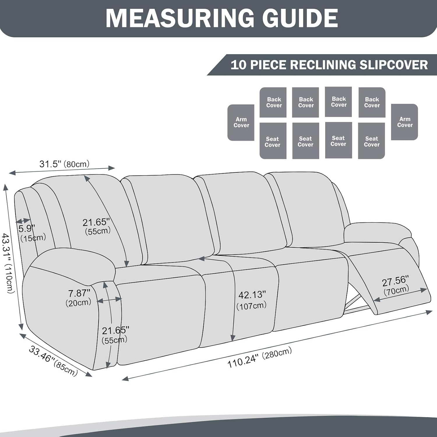 vctops 10 Pieces Waterproof Faux PU Leather Recliner Sofa Covers Stretch Soft 4 Seats RV Couch Cover Anti-Slip Sofa Slipcover Furniture Protector with Elastic Bottom for Kids Pet(Grey,4 Seat)