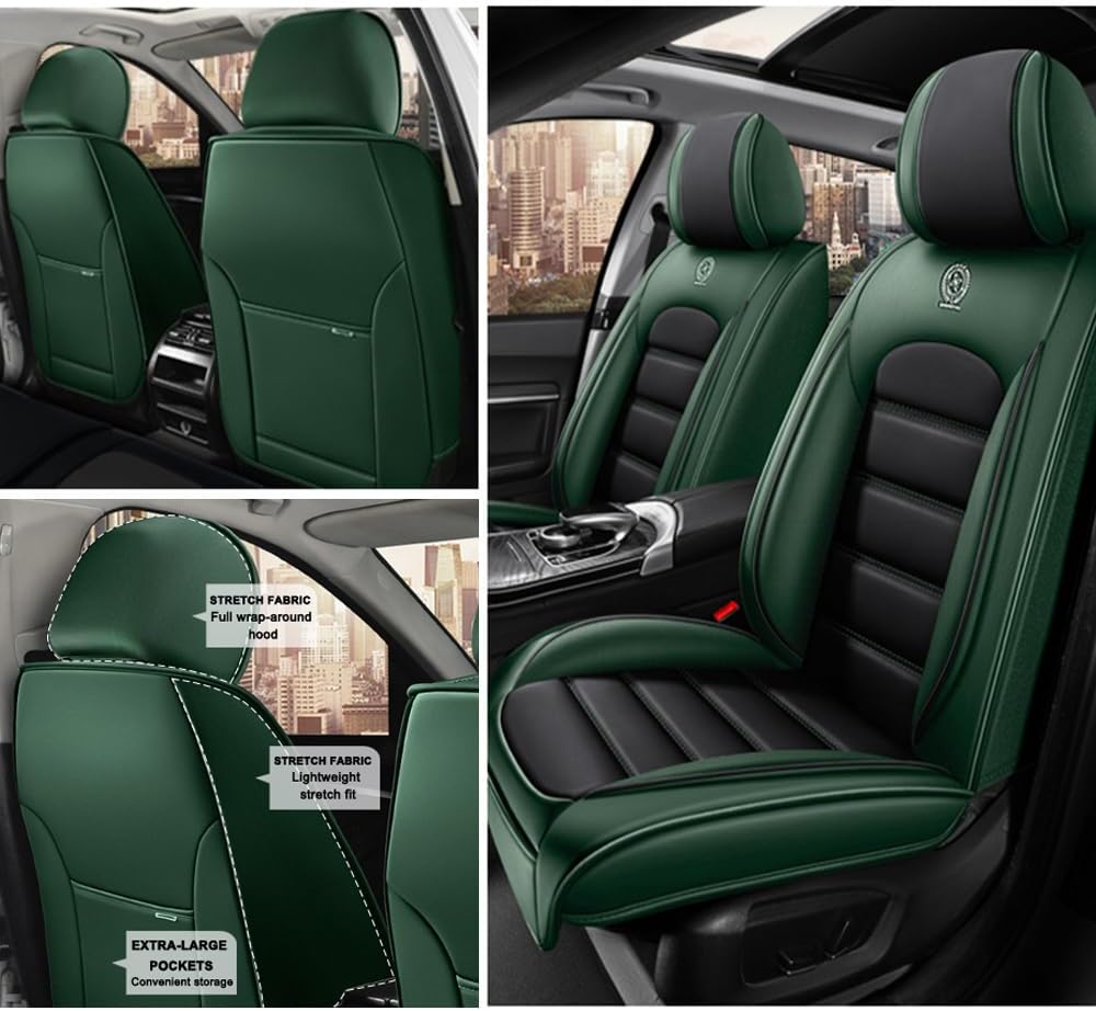 2 Seat Covers for Cadillac Escalade EXT 2007-2013 Leather Car Seat Covers Waterproof Soft Car Seat Protectors Comfort Premium Automotive Seat Covers with Airbag（Standard,Black+Green）