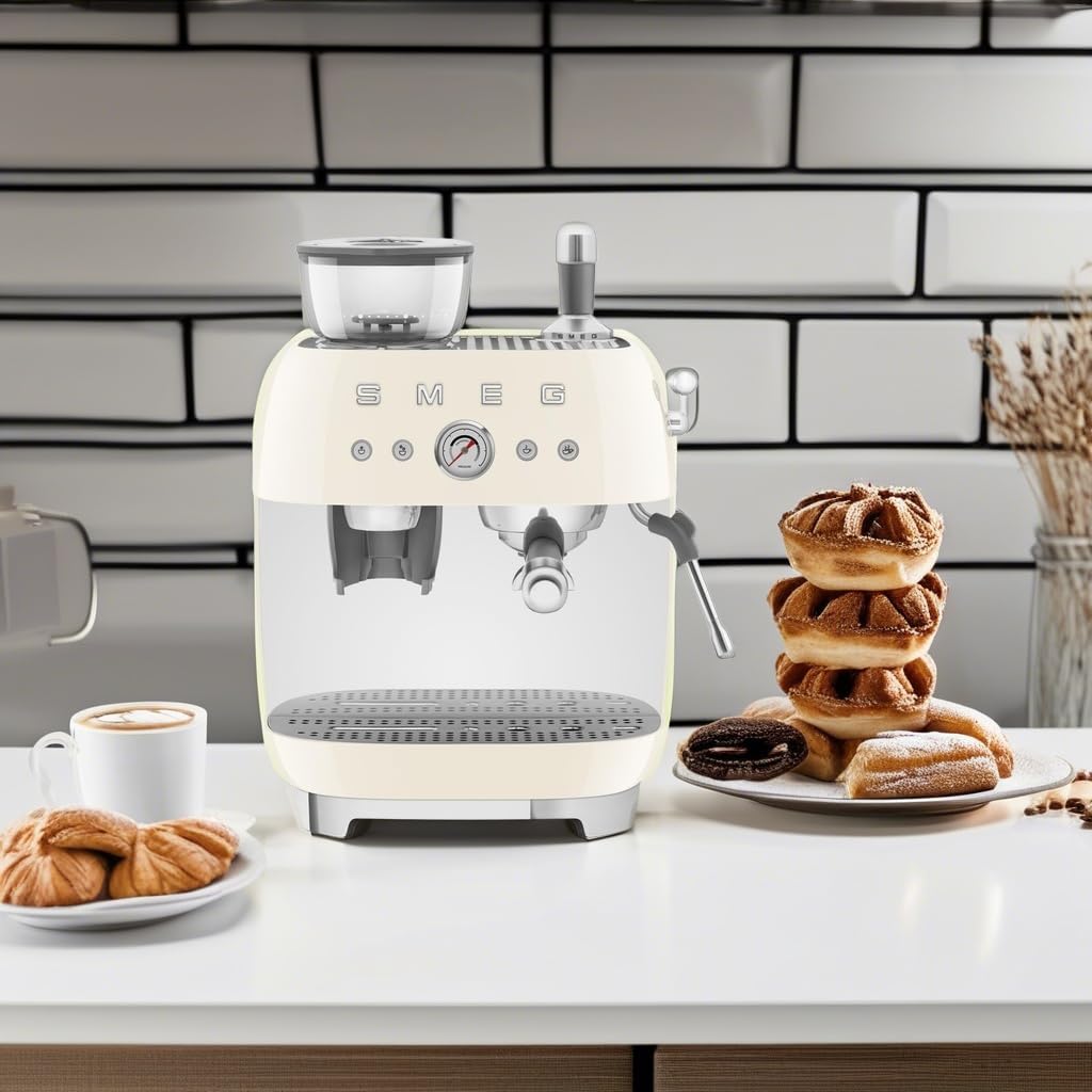 Smeg EGF03 Semi-Automatic Espresso Machine with Built-In Grinder, Dual Thermoblock, 50's Retro Style – Cream (120 V)