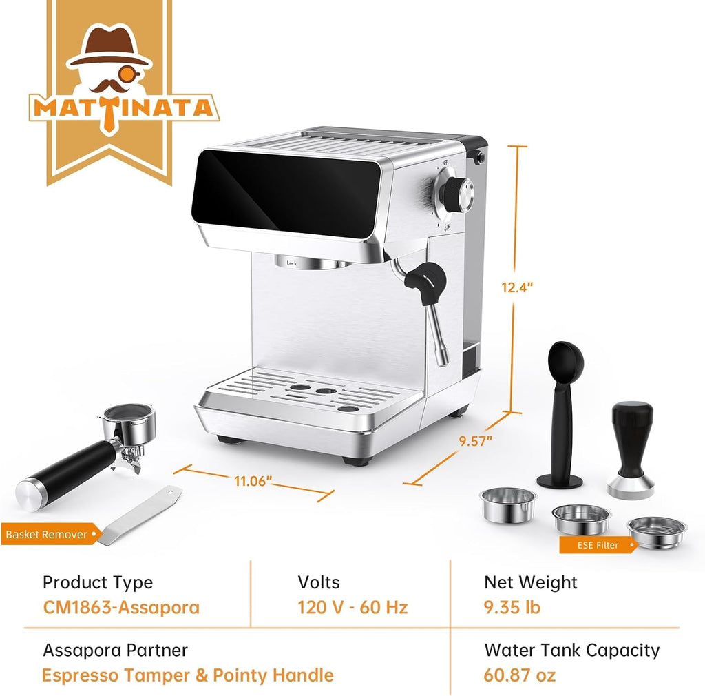 MAttinata Espresso Machine 20 Bar, Espresso Coffee Maker with Professional Milk Frother Steam Wand for Cappuccino & Latte, 60oz Removable Water Tank for Home，Stainless Steel