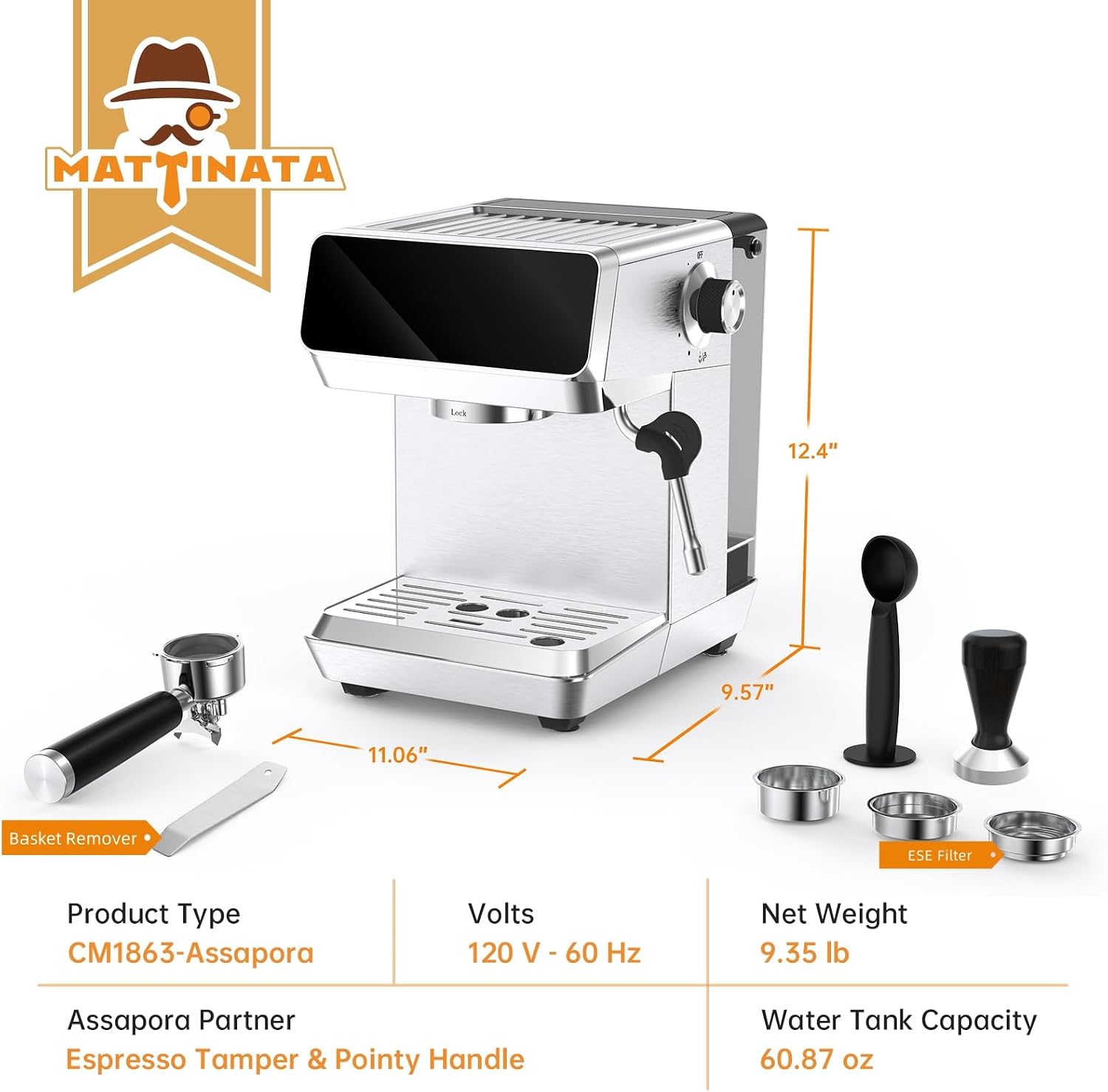 MAttinata Espresso Machine 20 Bar, Espresso Coffee Maker with Professional Milk Frother Steam Wand for Cappuccino & Latte, 60oz Removable Water Tank for Home，Stainless Steel