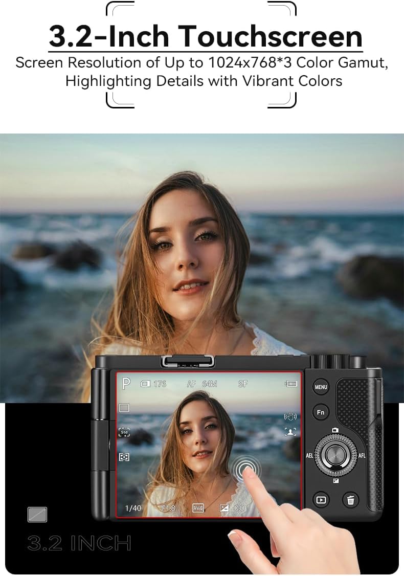 ORDRO 5K Digital Cameras for Photography - 64MP 12X Optical Zoom Travel Content Creator Camera & YouTube Vlogging Camera with Flip Screen, Microphone & Tripod Grip, 64GB Memory Card