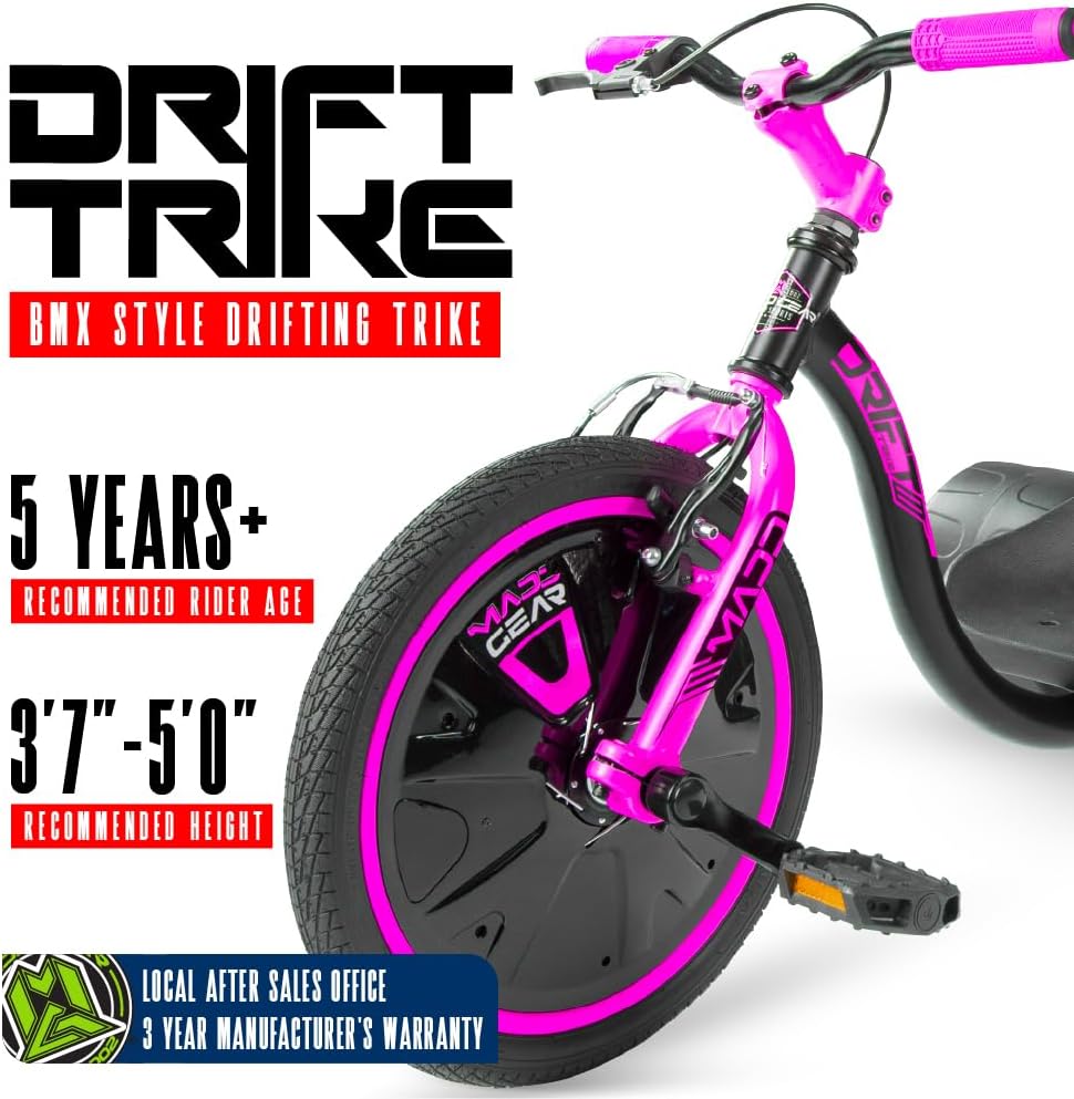 Drift Trike for Kids Ages 5+ – 16' Front Wheel Ride-On with Adjustable Seat, Steel Frame, Rear Slick Drift Wheels & Safety Flag – Madd Gear (Black/Pink)