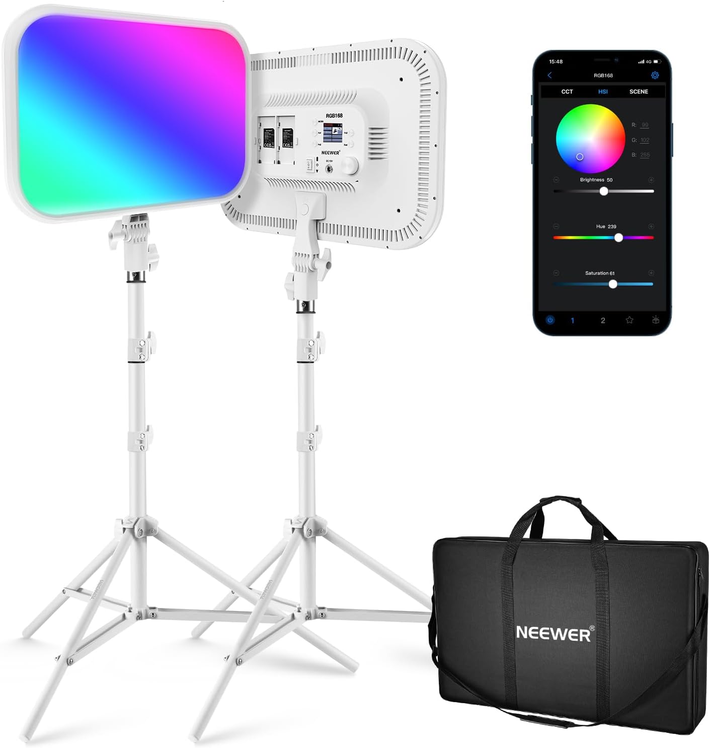 Neewer 18.3/'' RGB LED Video Light Panel with App Control Stand Kit 2 Packs, 360° Full Color,60W Dimmable 2500K~8500K RGB168 CRI97+ 17 Scene Effect for Game/YouTube/Zoom/Photography,White