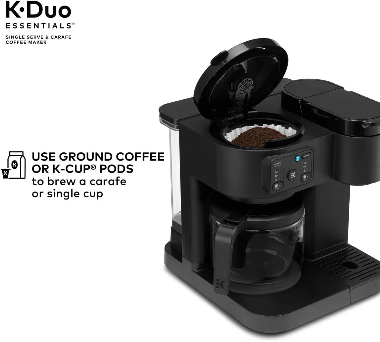 K-Duo Essentials, Hot & Iced Single-Serve Pod Coffee Maker & Carafe, 72 Oz Reservoir, Multiple Brew Sizes, Strong Brew Feature, Perfect for Hot and Iced Coffee (BLACK)