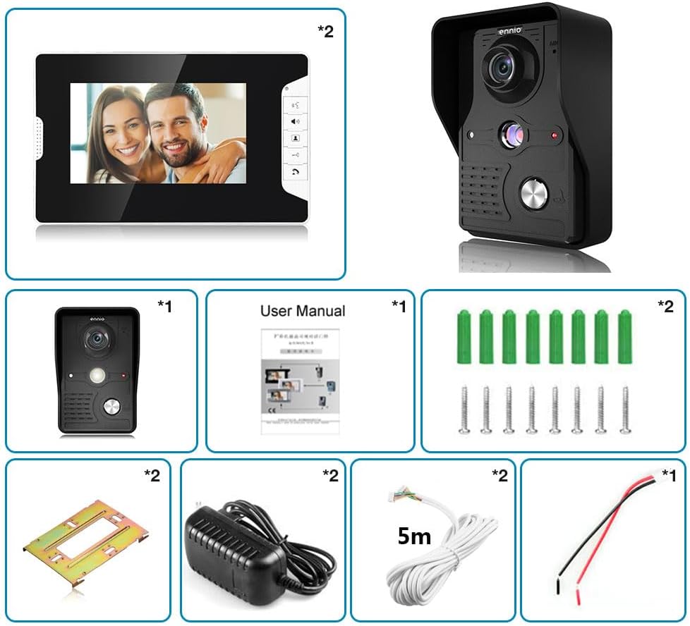 Wired Video Intercom Doorbell System 7 Inches LCD Monitor Video Door Phone Kits Support Monitoring, Unlock, Dual-Way Door Intercom Indoor Outdoor for Villa Home (1 Camera 2 Monitor)