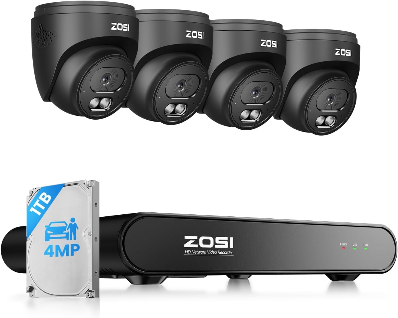 ZOSI C220 4CH 4MP QHD 2.5K PoE Home Security Camera System, 4 x 4MP(1440p) Dome IP Cameras Outdoor Indoor, Smart AI Human Detection, Two-Way Audio, 4CH 5MP 3K NVR with 1TB HDD for 24/7 Record