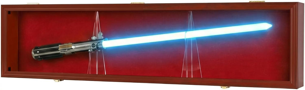 Sword Saber Display Case Cabinet Stand Holder Lightsaber Shadow Box Wall Mount Lockable with 98% UV Protection Red Color Felt (Mahogany Finish)