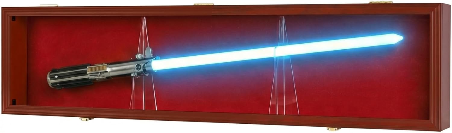 Sword Saber Display Case Cabinet Stand Holder Lightsaber Shadow Box Wall Mount Lockable with 98% UV Protection Red Color Felt (Mahogany Finish)