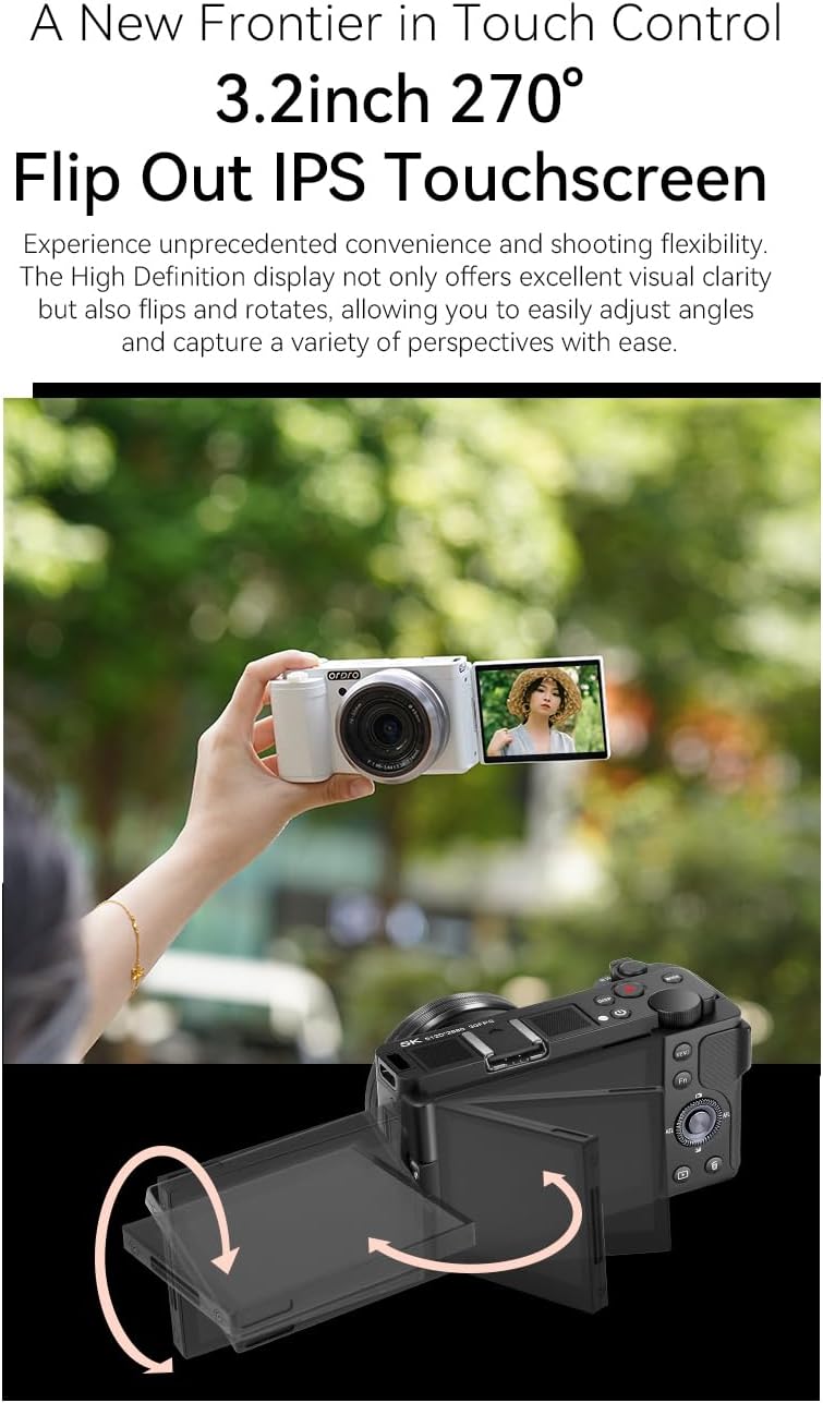 ORDRO G930 5K 64MP Digital Camera for Photography, Autofocus Video Camera 3.2'' Flip Vlogging Camera with 5X Optical Zoom-Compact Travel Cameras with 2 Batteries 64G Card