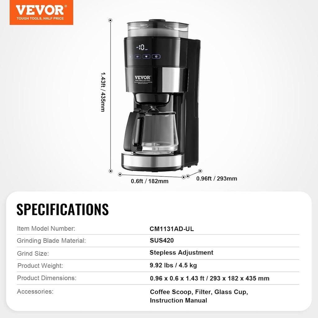 VEVOR Coffee Maker with Grinder, 10 Cup Coffee Machine, Grind and Brew Coffee Maker with 3 Brew Strength Control, Adjustable Grinding Coarseness, for Home Office Restaurant