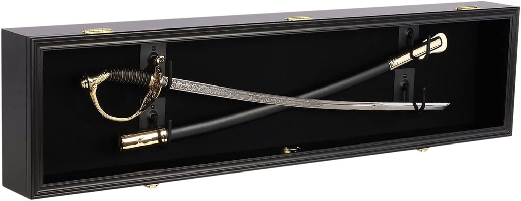 DisplayGifts 44' Long Rifle Gun Shotgun, Saber, Sword or Golf Club Display Case Cabinet Rack Putter Shadow Box w/98% UV Protection Lockable Door (Black Finish)
