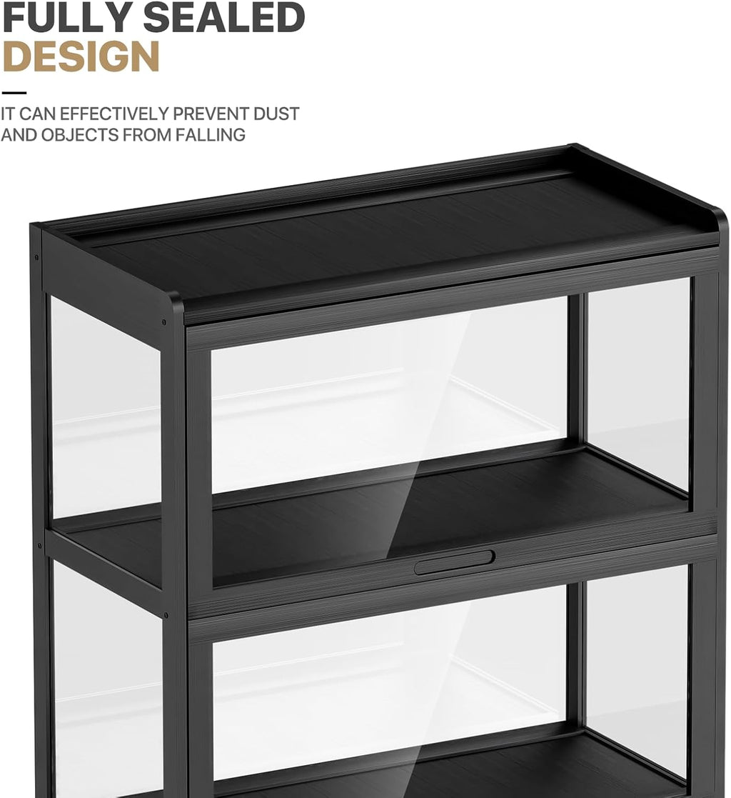 MoNiBloom 55' Curio Display Cabinet with Doors, 4-Tier Bamboo Showcase Storage Cabinet Shelf Collectibles Toy Display Case for Living Room, Black