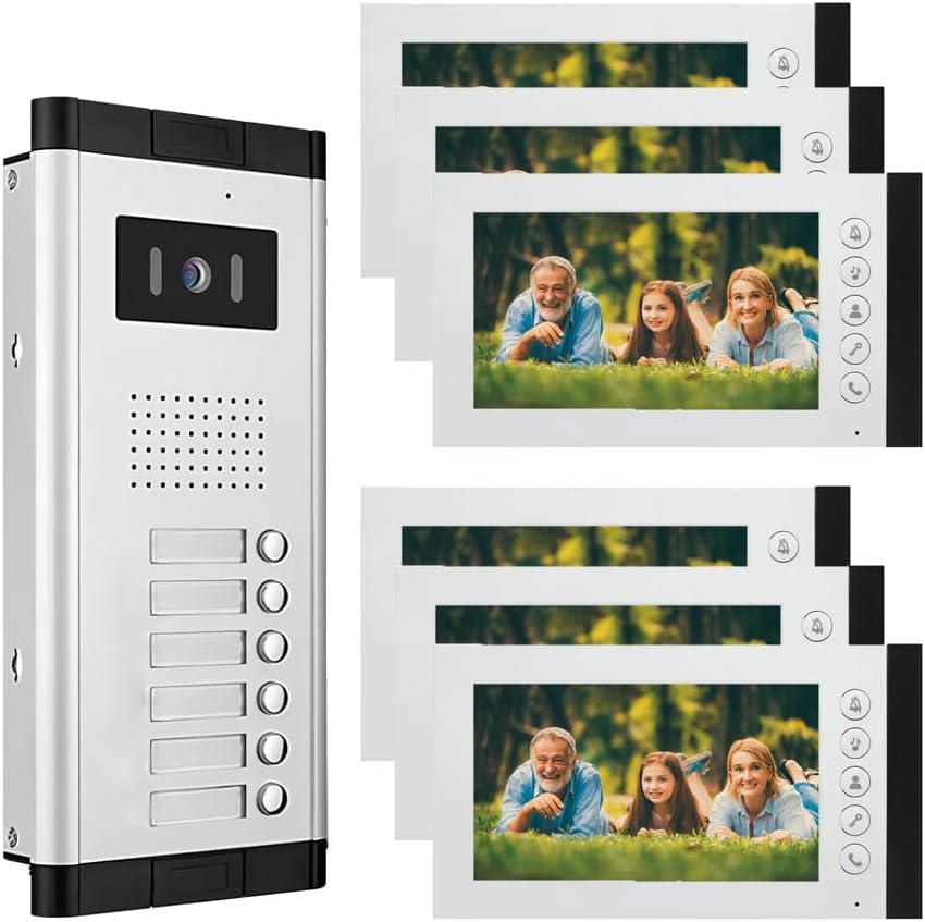 Wired Video Intercom System,7 Inch Ring Video Doorbell with IR Night Vision,HD Camera Kits,IR Outdoor Camera,Dual-Way Intercom for Villa Home Office Apartment (1 Bell +6 Monitor)