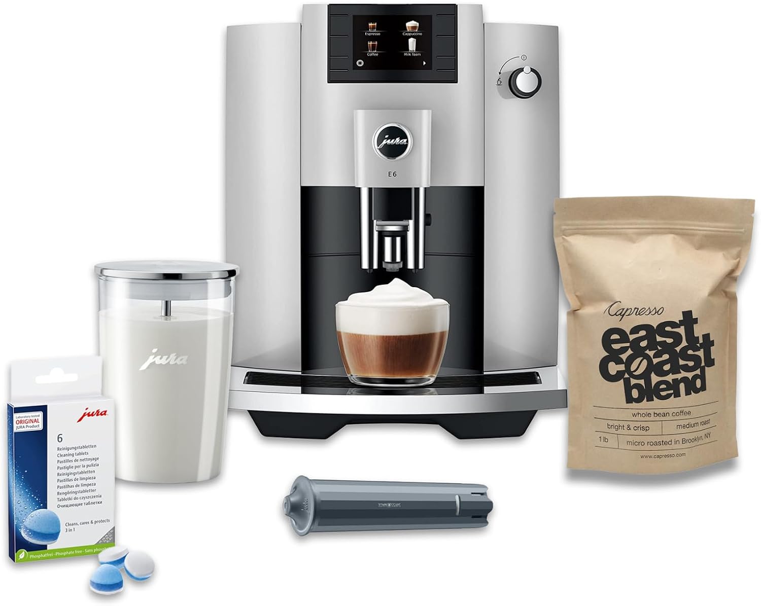 (Jura E6 Automatic, Affordable Espresso Machine with Programmable Coffee Strength (Platinum) Bundle with Smart Filter Cartridge, Cleaning Tablets, Coffee Beans Bag, and Glass Milk Container (5 Items)