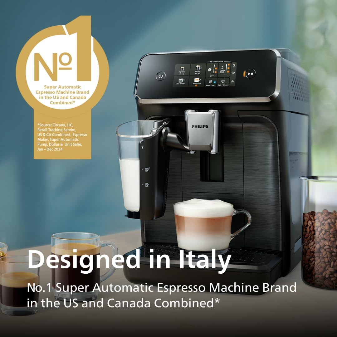 Philips 2300 Series Fully Automatic Espresso Machine with LatteGo milk system and integrated grinder, 4 Coffee Pre-Sets & Hot Water, 40% Quieter SilentBrew, 15-Bar Pressure, Matte Black (EP2330/10)