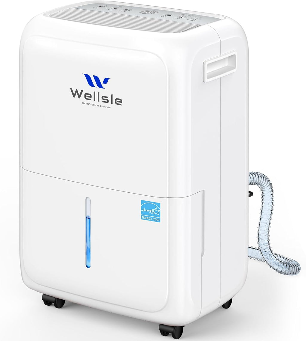 Most Efficient Energy Star Dehumidifier, Wellsle 52 Pints Dehumidifier for Basement and Home, Smart Humidity Adjustment with 1.59 Gal Water Tank and Drain Hose 42dB Quiet Operation for Bedroom