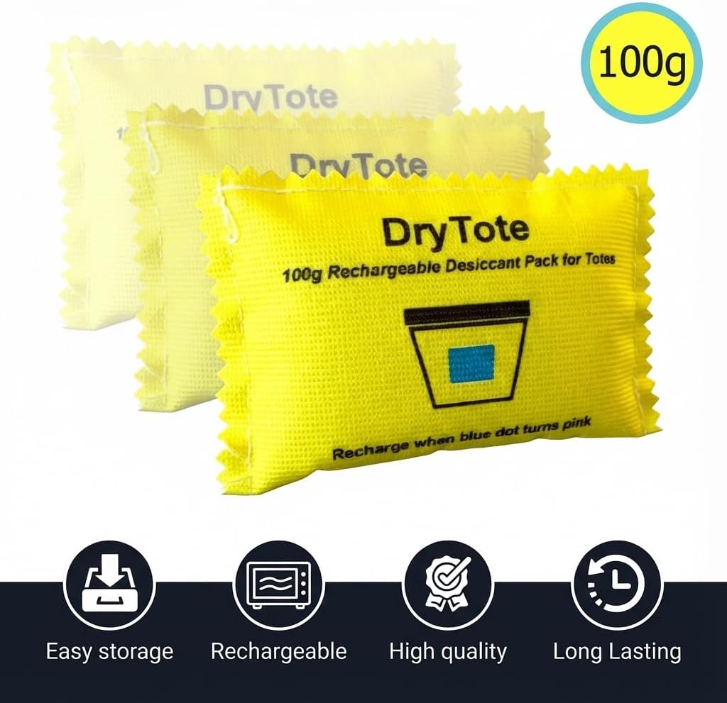 DryTote Rechargeable Desiccant Pack (Pack of 25), Ultimate Moisture Absorption, Color Change Indicator, Safe Storage Protection, Large Capacity 200 Gallons, 100g, Yellow