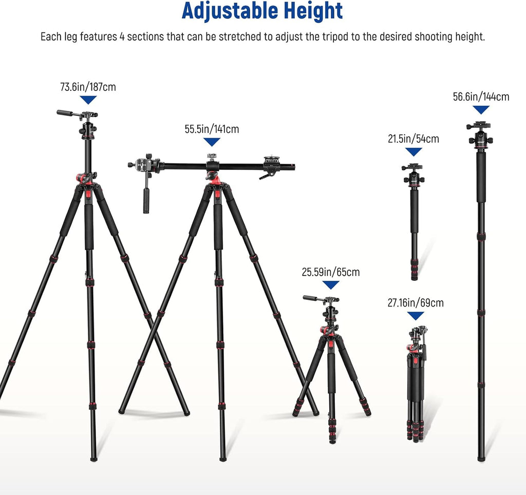 NEEWER 73.6' Horizontal Tripod with Multi Angle Center Column, Ball Head & Central Axis Platform, Heavy Duty Aluminum Camera Tripod Monopod 360° Pan 180° Tilt for Overhead/Macro Shots, Max Load 22lb
