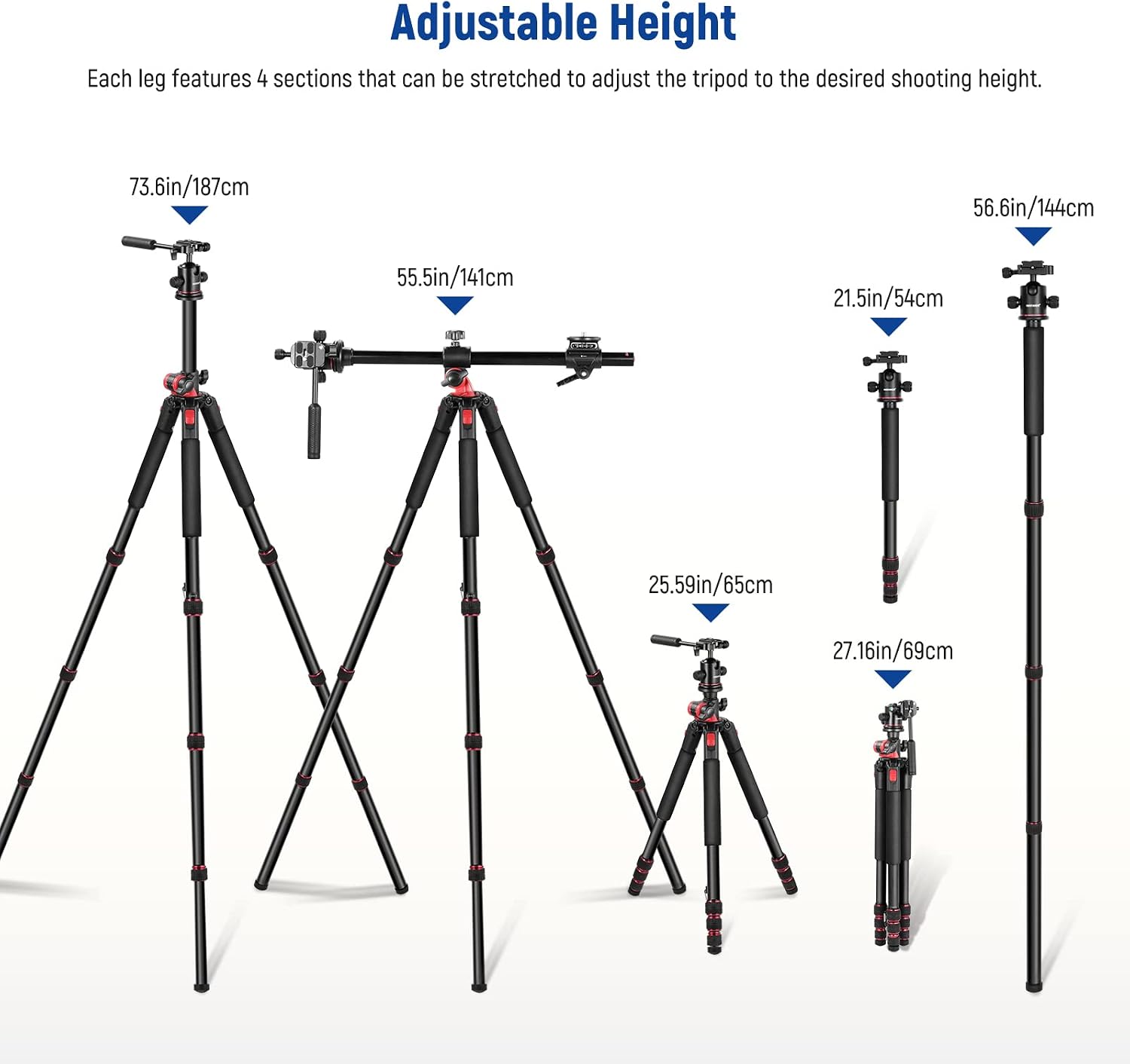 NEEWER 73.6' Horizontal Tripod with Multi Angle Center Column, Ball Head & Central Axis Platform, Heavy Duty Aluminum Camera Tripod Monopod 360° Pan 180° Tilt for Overhead/Macro Shots, Max Load 22lb