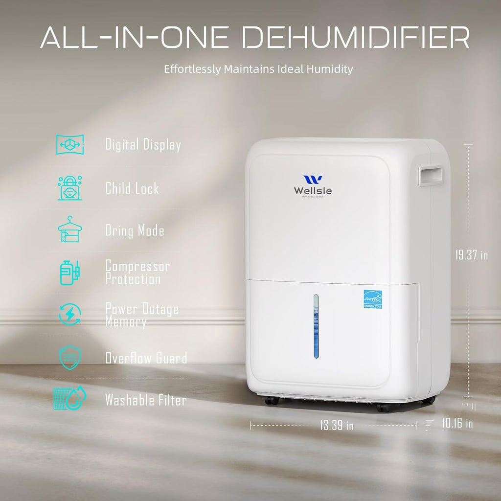 Most Efficient Energy Star Dehumidifier, Wellsle 52 Pints Dehumidifier for Basement and Home, Smart Humidity Adjustment with 1.59 Gal Water Tank and Drain Hose 42dB Quiet Operation for Bedroom