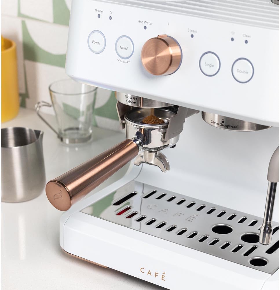Café Bellissimo Semi Automatic Espresso Machine with Grinder & Milk Frother | Copper Accents | WiFi App Control | Large 95oz Tank | Matte White