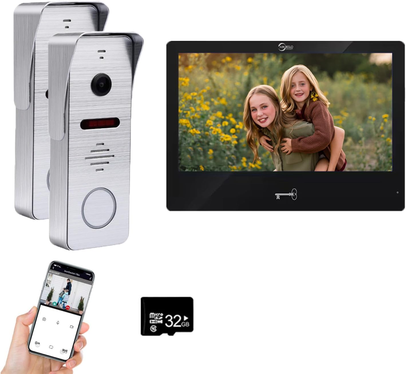 Ring Doorbell Wired,1080P Doorbell Camera(W),Indoor Outdoor Camera,10 Inch Monitor (B) Ring Video Doorbell with Night Vision,Dual-Way Intercom for Villa House Office Apartment (2 Bell +1 Screen)