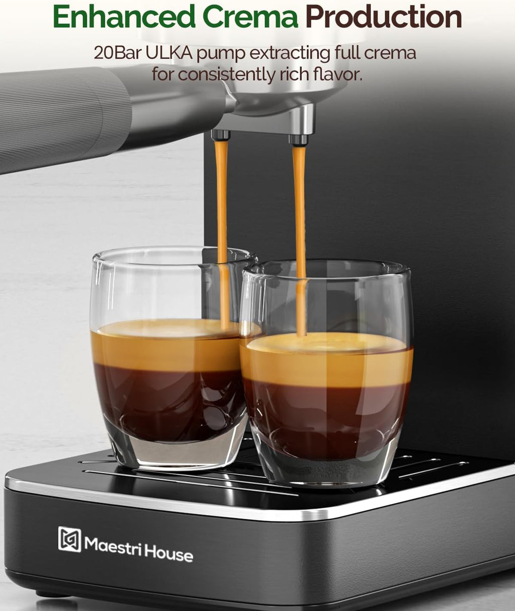 Maestri House Espresso Machines 20 Bar ULKA Pump, Compact Espresso Maker Built-in Flow Meter Steam Milk Frother, 43oz Removable Water Tank Stainless Steel Coffee Machine for Cappuccino (Black)