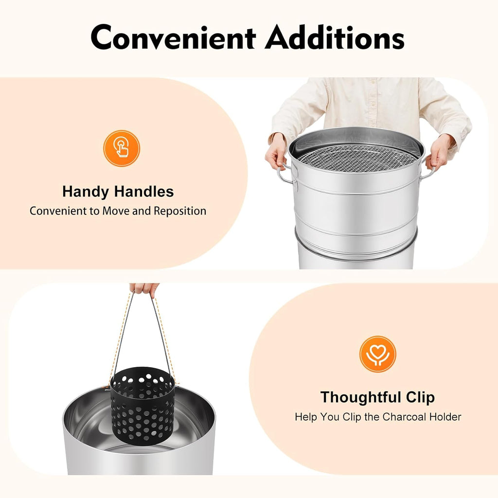 Portable Stainless Steel Charcoal Grill Barrel, 360°Smokeless BBQ Grill with Oil Tray, Large Camping Grill for Backyard, Travel and Patio Cooking, Barbecue Grill with 50 Skewers, Silver