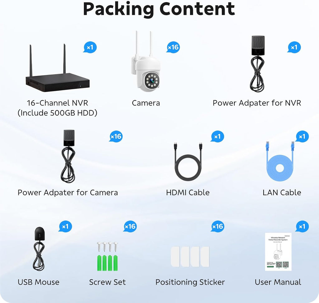 CAMCAMP 16 channel Security Camera System Wireless Cameras for home Security, 360° Auto Tracking, Pan & Tilt App Control, Two-Way Audio, 3 Night Vision, 4K NVR w/ 500GB, CCTV Surveillance Kit(16, CAM)