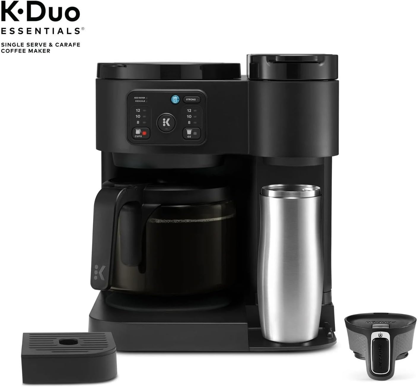 K-Duo Essentials, Hot & Iced Single-Serve Pod Coffee Maker & Carafe, 72 Oz Reservoir, Multiple Brew Sizes, Strong Brew Feature, Perfect for Hot and Iced Coffee (BLACK)
